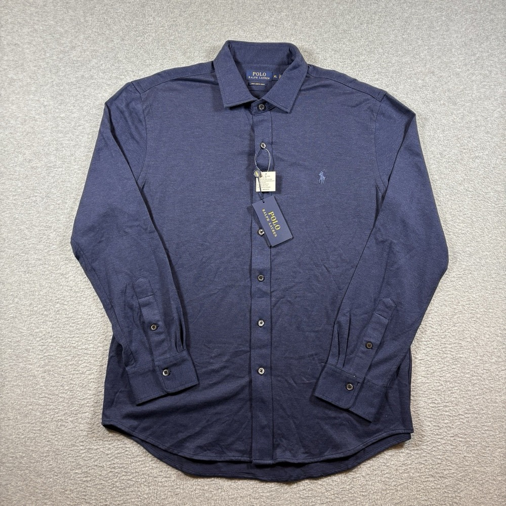NWT Polo Ralph Lauren Knit Dress Shirt Mens XL Navy Blue Long Sleeve Button Up